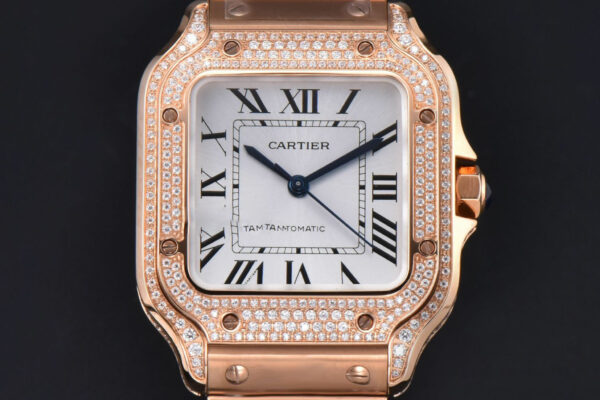 Santos de Cartier Medium 35mm BVF RG Full Diamond Bezel White Dial RG Bracelet MIYOTA 9015