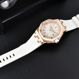 Royal Oak Offshore Ladies 33mm RG Moissanite RXWF White Dial Real Diamonds Bezel White Rubber Strap Swiss Quartz - Image 3