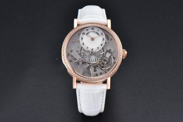Tradition 7038BR RG ZF 40MM Diamond Gray Dial Silver Subdial White Leather Strap A505