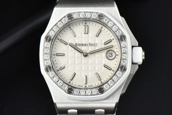 Royal Oak Offshore Ladies 33mm SS Moissanite RXWF White Dial Real Diamonds Bezel White Rubber Strap Swiss Quartz