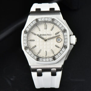 Royal Oak Offshore Ladies 33mm SS Moissanite RXWF White Dial Real Diamonds Bezel White Rubber Strap Swiss Quartz - Image 4