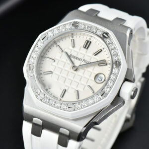 Royal Oak Offshore Ladies 33mm SS Moissanite RXWF White Dial Real Diamonds Bezel White Rubber Strap Swiss Quartz - Image 5