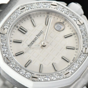 Royal Oak Offshore Ladies 33mm SS Moissanite RXWF White Dial Real Diamonds Bezel White Rubber Strap Swiss Quartz - Image 11