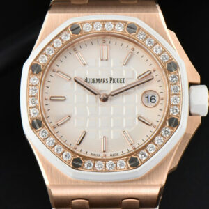 Royal Oak Offshore Ladies 33mm RG Moissanite RXWF White Dial Real Diamonds Bezel White Rubber Strap Swiss Quartz