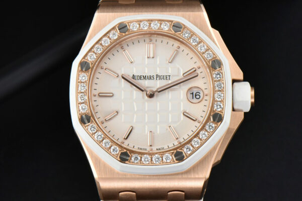 Royal Oak Offshore Ladies 33mm RG Moissanite RXWF White Dial Real Diamonds Bezel White Rubber Strap Swiss Quartz