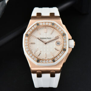 Royal Oak Offshore Ladies 33mm RG Moissanite RXWF White Dial Real Diamonds Bezel White Rubber Strap Swiss Quartz - Image 4