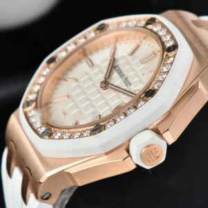 Royal Oak Offshore Ladies 33mm RG Moissanite RXWF White Dial Real Diamonds Bezel White Rubber Strap Swiss Quartz - Image 9
