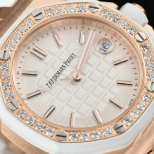 Royal Oak Offshore Ladies 33mm RG Moissanite RXWF White Dial Real Diamonds Bezel White Rubber Strap Swiss Quartz - Image 10