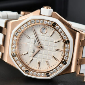 Royal Oak Offshore Ladies 33mm RG Moissanite RXWF White Dial Real Diamonds Bezel White Rubber Strap Swiss Quartz - Image 12
