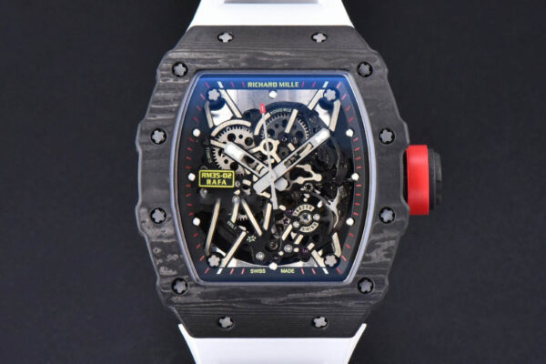 RM035-02 42mm Black Forged Carbon T+F Skeleton Dial Red Crown White Rubber Strap RMUL2
