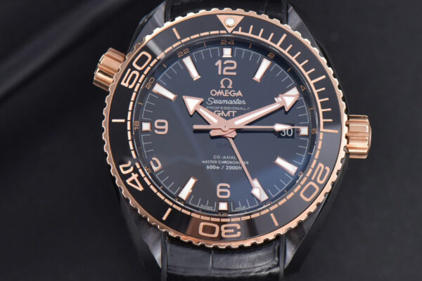 Planet Ocean 600m Deep Black Real Ceramic 45.5mm VSF Black/RG Dial Black Leather Strap A8906