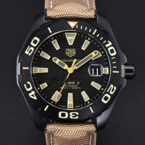 Aquaracer Caliber 5 43mm OF Ceramic Black Dial Yellow Hand Brown Nylon Strap SW200