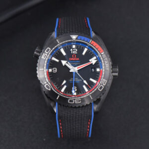 Planet Ocean 600m Deep Black Real Ceramic 45.5mm VSF Black Dial Blue/Red Bezel Rubber Strap A8906 - Image 10