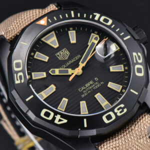 Aquaracer Caliber 5 43mm OF Ceramic Black Dial Yellow Hand Brown Nylon Strap SW200 - Image 8