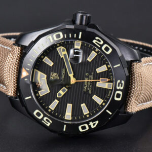 Aquaracer Caliber 5 43mm OF Ceramic Black Dial Yellow Hand Brown Nylon Strap SW200 - Image 9