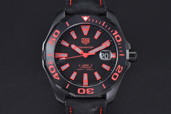 Aquaracer Caliber 5 43mm OF Ceramic Black Red Hand Dial Black Nylon Strap SW200