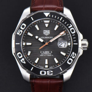 Aquaracer Caliber 5 43mm OF Black Dial Brown Hand Brown Leather Strap SW200