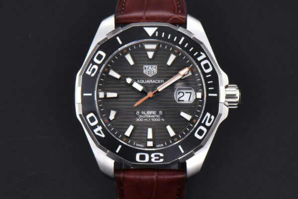 Aquaracer Caliber 5 43mm OF Black Dial Brown Hand Brown Leather Strap SW200
