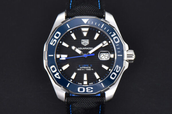 Aquaracer Caliber 5 43mm OF Black Dial Blue Hand Black Nylon Strap SW200