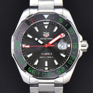 Aquaracer Calibre 5 GMT OF 43MM Green/Red Bezel Black Dial SS Bracelet Swiss SW200