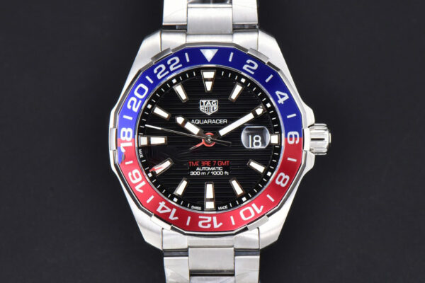 Aquaracer Calibre 7 GMT OF 43MM Blue/Red Bezel Black Dial Swiss SW200